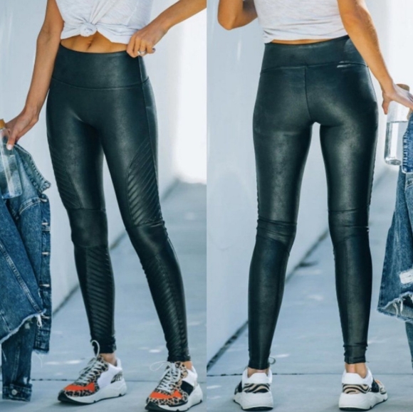 SPANX black faux leather moto ribbed biker edgy high rise shapewear leggings - Picture 4 of 7